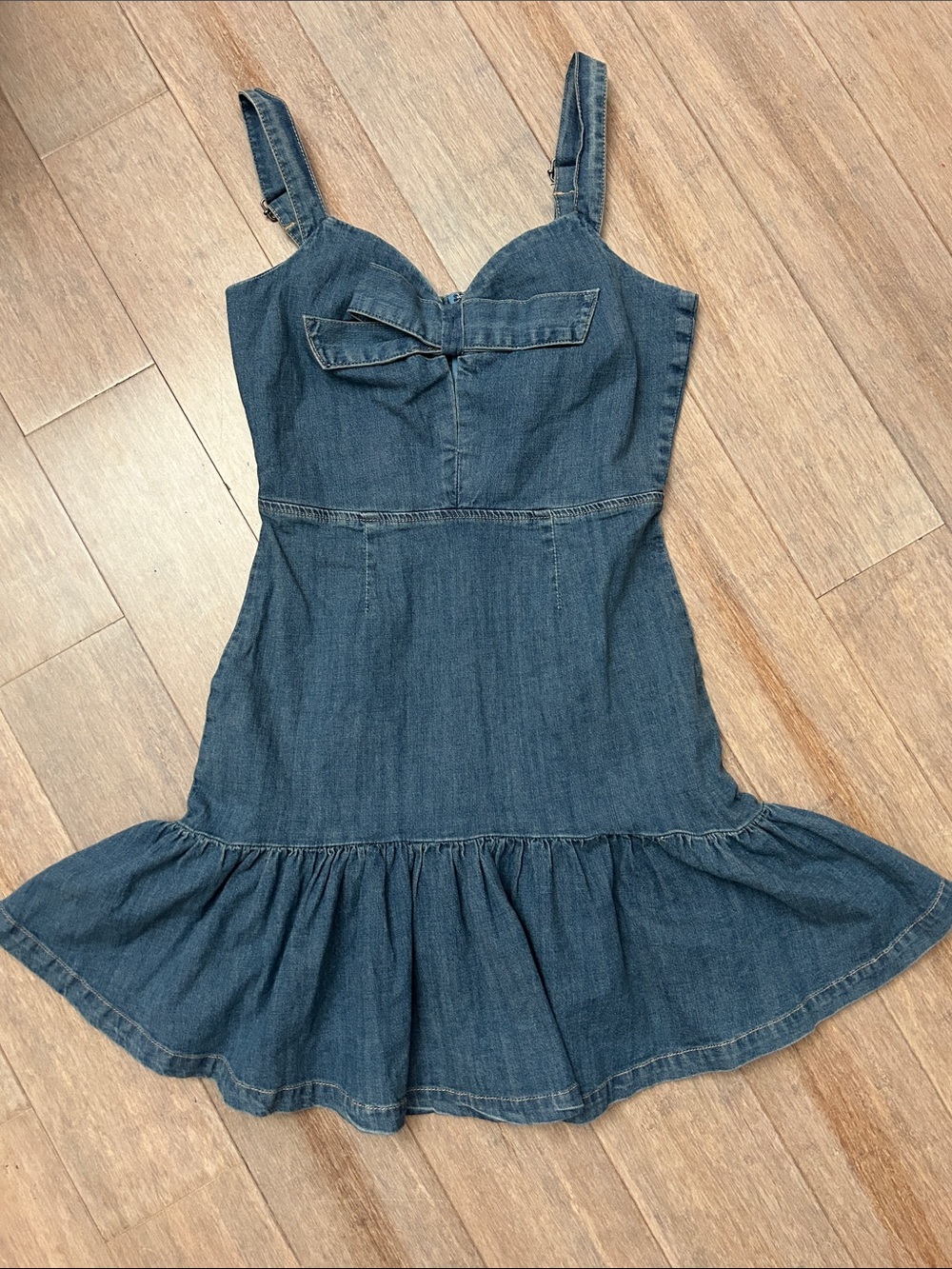 bebe Blue Denim Mini Dress with Bow Detail and layered hem size 4